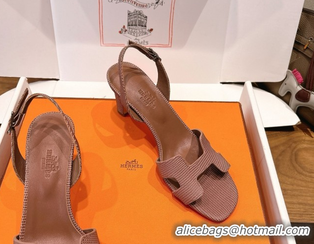 Luxury Discount Hermes Eremite Heel Sandals 8.5cm in Ostrich Embossed Leather Khaki H102308 1023128