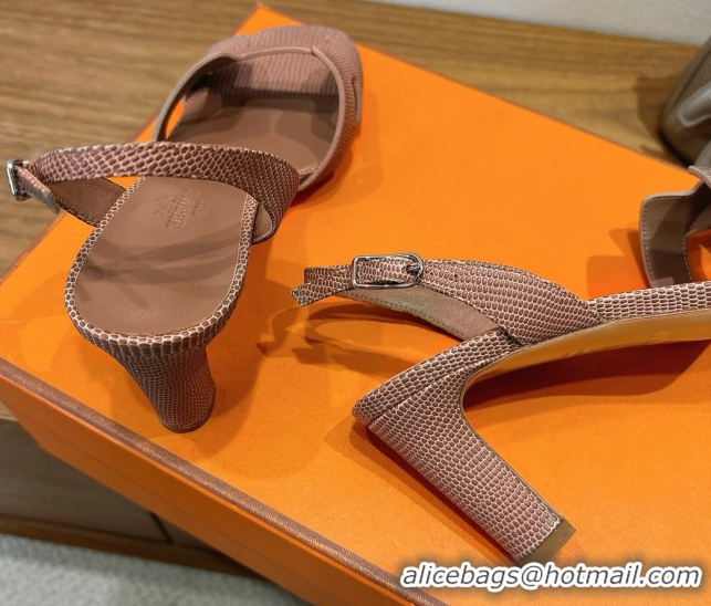 Luxury Discount Hermes Eremite Heel Sandals 8.5cm in Ostrich Embossed Leather Khaki H102308 1023128