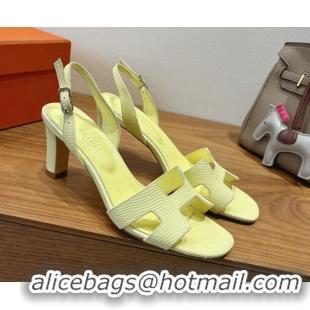 Luxurious Hermes Eremite Heel Sandals 8.5cm in Ostrich Embossed Leather Yellow H102308 1023129