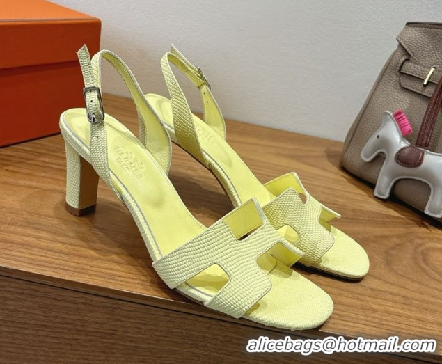 Luxurious Hermes Eremite Heel Sandals 8.5cm in Ostrich Embossed Leather Yellow H102308 1023129