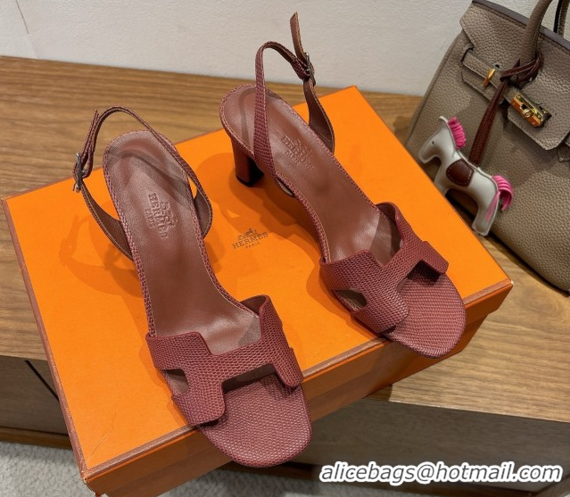 Shop Cheap Hermes Eremite Heel Sandals 8.5cm in Ostrich Embossed Leather Dark Brown H102308 1023130