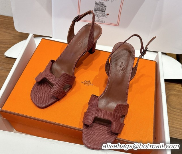 Shop Cheap Hermes Eremite Heel Sandals 8.5cm in Ostrich Embossed Leather Dark Brown H102308 1023130