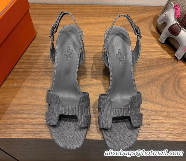 Good Quality Hermes Eremite Heel Sandals 8.5cm in Ostrich Embossed Leather Dark Grey 2025 H102308 1023131