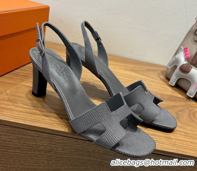 Good Quality Hermes Eremite Heel Sandals 8.5cm in Ostrich Embossed Leather Dark Grey 2025 H102308 1023131