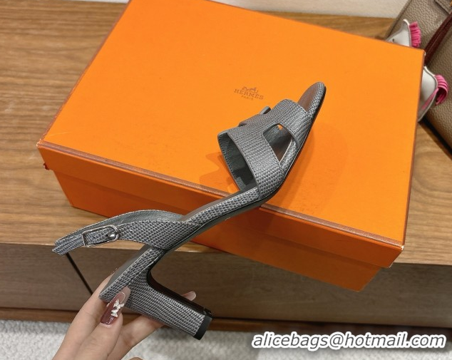 Good Quality Hermes Eremite Heel Sandals 8.5cm in Ostrich Embossed Leather Dark Grey 2025 H102308 1023131