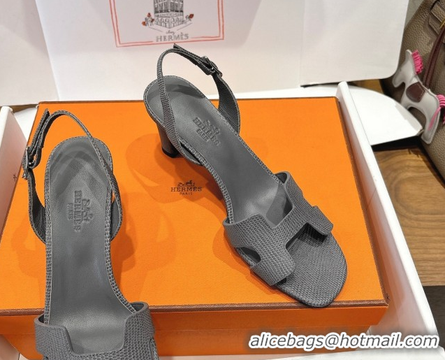 Good Quality Hermes Eremite Heel Sandals 8.5cm in Ostrich Embossed Leather Dark Grey 2025 H102308 1023131