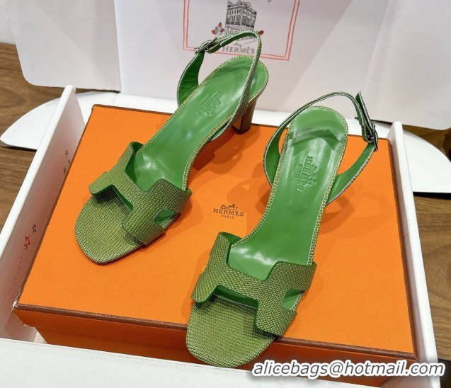 Classic Hot Hermes Eremite Heel Sandals 8.5cm in Ostrich Embossed Leather Green 2025 H102308 1023132