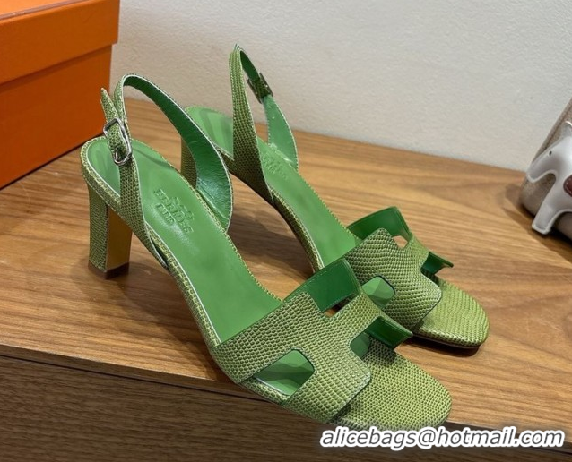Classic Hot Hermes Eremite Heel Sandals 8.5cm in Ostrich Embossed Leather Green 2025 H102308 1023132