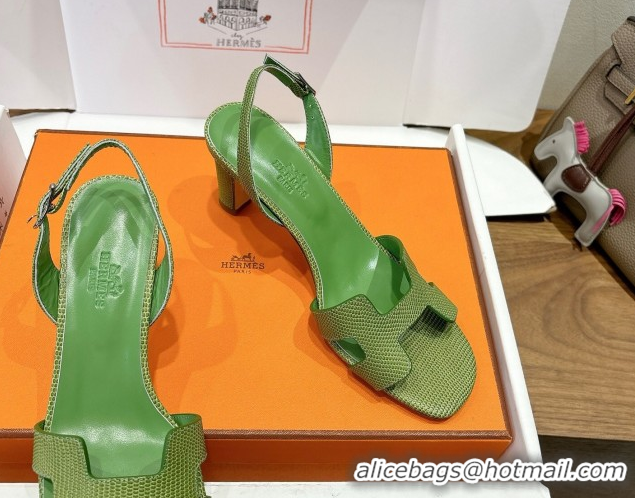 Classic Hot Hermes Eremite Heel Sandals 8.5cm in Ostrich Embossed Leather Green 2025 H102308 1023132