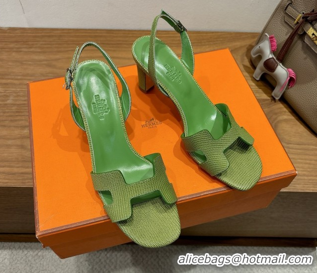 Classic Hot Hermes Eremite Heel Sandals 8.5cm in Ostrich Embossed Leather Green 2025 H102308 1023132