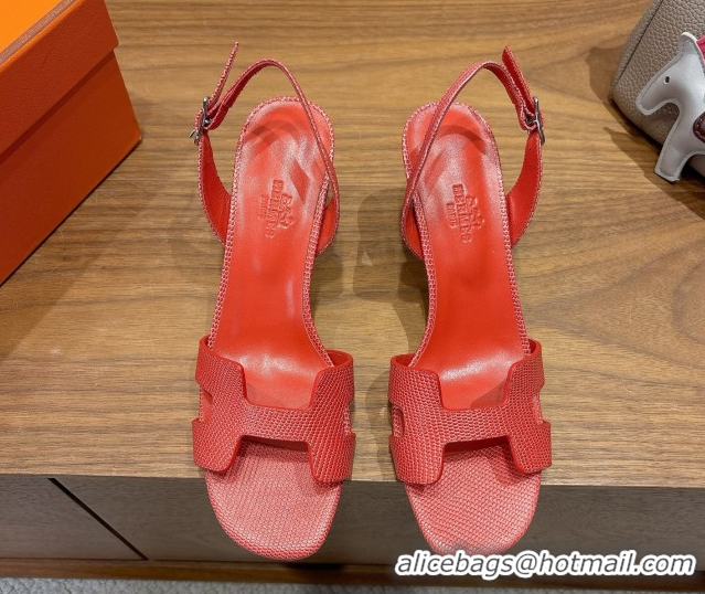 Grade Quality Hermes Eremite Heel Sandals 8.5cm in Ostrich Embossed Leather Red H102308 1023133
