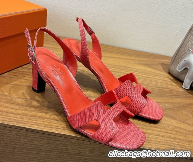 Grade Quality Hermes Eremite Heel Sandals 8.5cm in Ostrich Embossed Leather Red H102308 1023133