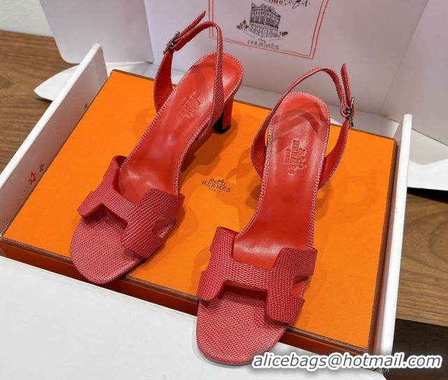 Grade Quality Hermes Eremite Heel Sandals 8.5cm in Ostrich Embossed Leather Red H102308 1023133