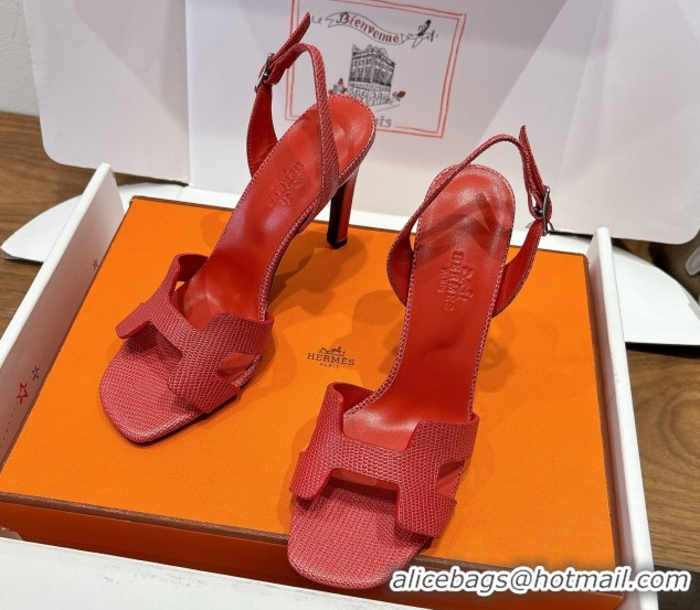 Purchase Hermes Eremite Heel Sandals 10cm in Ostrich Embossed Leather Red H102308 1023136