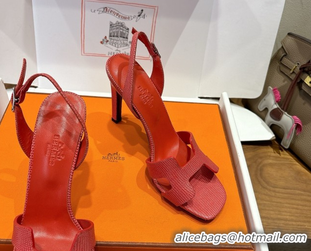 Purchase Hermes Eremite Heel Sandals 10cm in Ostrich Embossed Leather Red H102308 1023136