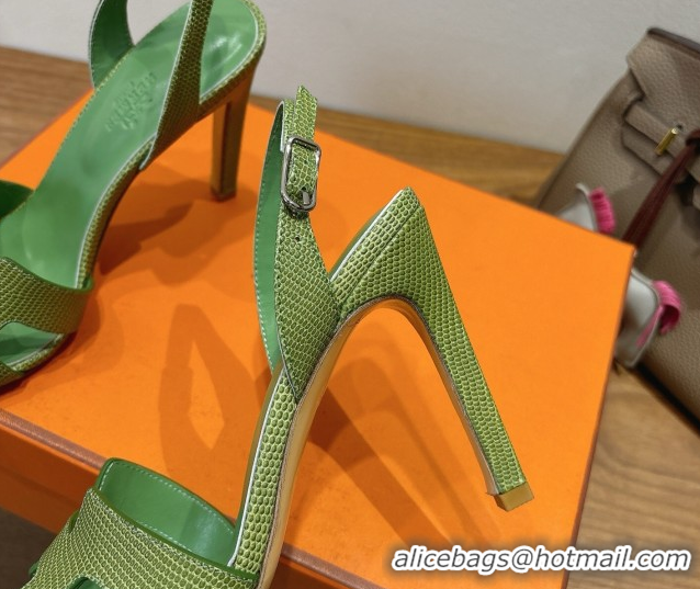 Good Quality Hermes Eremite Heel Sandals 10cm in Ostrich Embossed Leather Green H102308 1023139