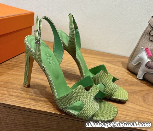 Good Quality Hermes Eremite Heel Sandals 10cm in Ostrich Embossed Leather Green H102308 1023139