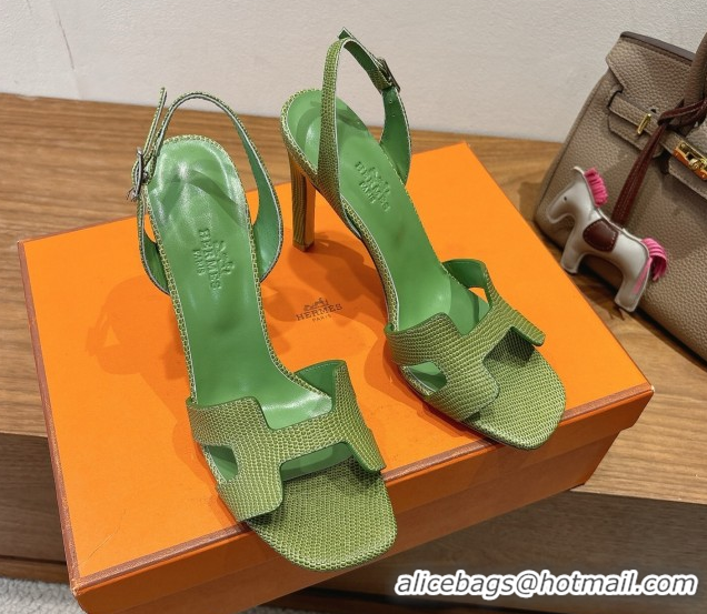 Good Quality Hermes Eremite Heel Sandals 10cm in Ostrich Embossed Leather Green H102308 1023139