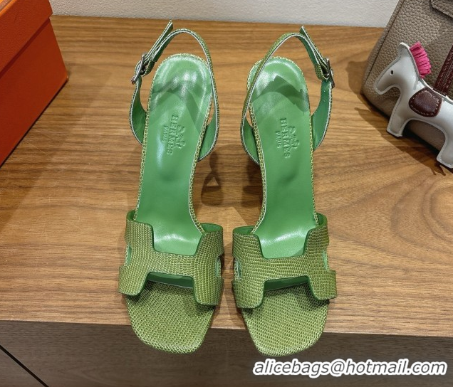 Good Quality Hermes Eremite Heel Sandals 10cm in Ostrich Embossed Leather Green H102308 1023139