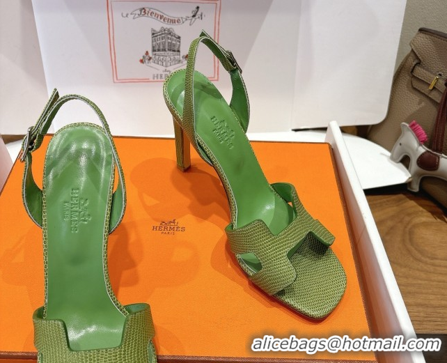 Good Quality Hermes Eremite Heel Sandals 10cm in Ostrich Embossed Leather Green H102308 1023139