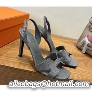 Top Grade Hermes Eremite Heel Sandals 10cm in Ostrich Embossed Leather Dark Grey H102308 1023140