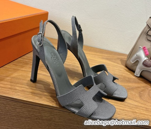 Top Grade Hermes Eremite Heel Sandals 10cm in Ostrich Embossed Leather Dark Grey H102308 1023140