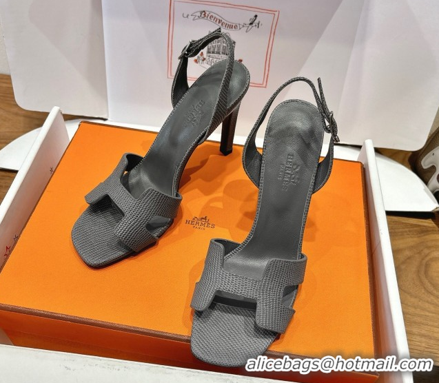 Top Grade Hermes Eremite Heel Sandals 10cm in Ostrich Embossed Leather Dark Grey H102308 1023140