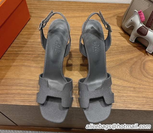 Top Grade Hermes Eremite Heel Sandals 10cm in Ostrich Embossed Leather Dark Grey H102308 1023140