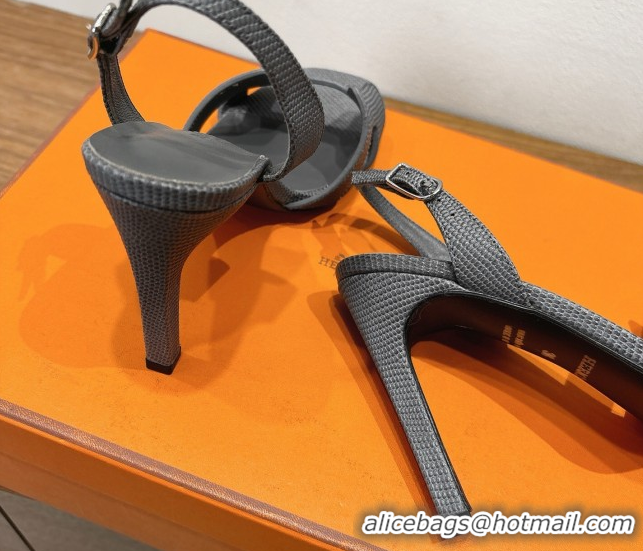 Top Grade Hermes Eremite Heel Sandals 10cm in Ostrich Embossed Leather Dark Grey H102308 1023140