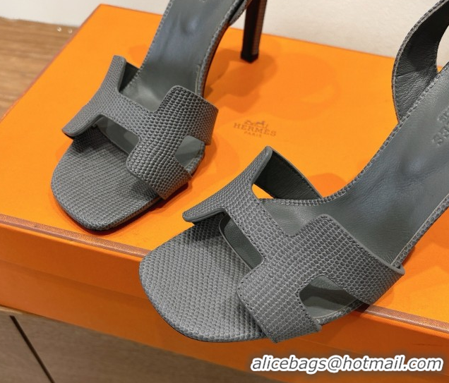 Top Grade Hermes Eremite Heel Sandals 10cm in Ostrich Embossed Leather Dark Grey H102308 1023140