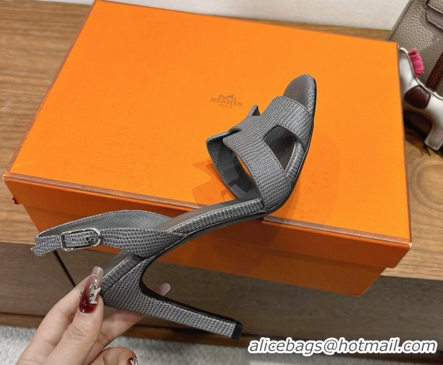 Top Grade Hermes Eremite Heel Sandals 10cm in Ostrich Embossed Leather Dark Grey H102308 1023140