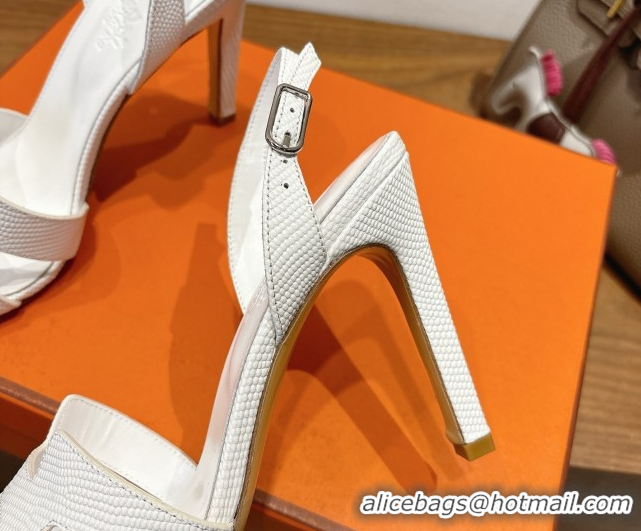 Durable Hermes Eremite Heel Sandals 10cm in Ostrich Embossed Leather White H102308 1023141