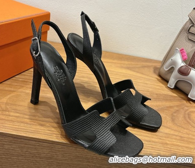 Best Product Hermes Eremite Heel Sandals 10cm in Ostrich Embossed Leather Black H102308 1023142