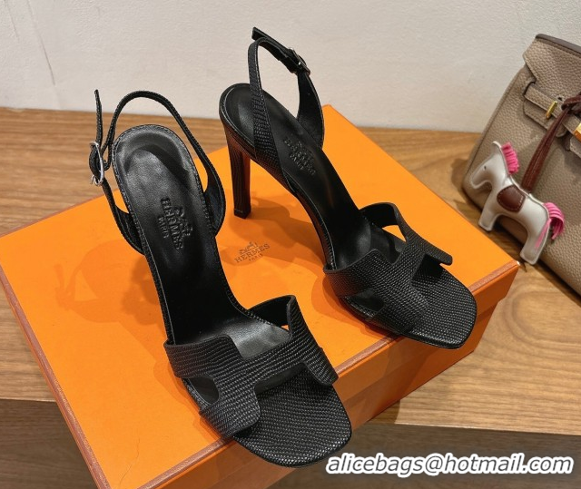 Best Product Hermes Eremite Heel Sandals 10cm in Ostrich Embossed Leather Black H102308 1023142