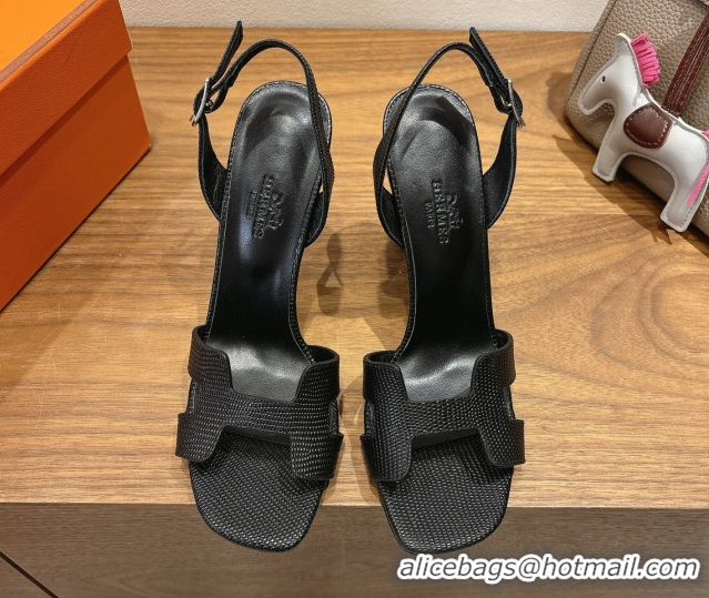 Best Product Hermes Eremite Heel Sandals 10cm in Ostrich Embossed Leather Black H102308 1023142