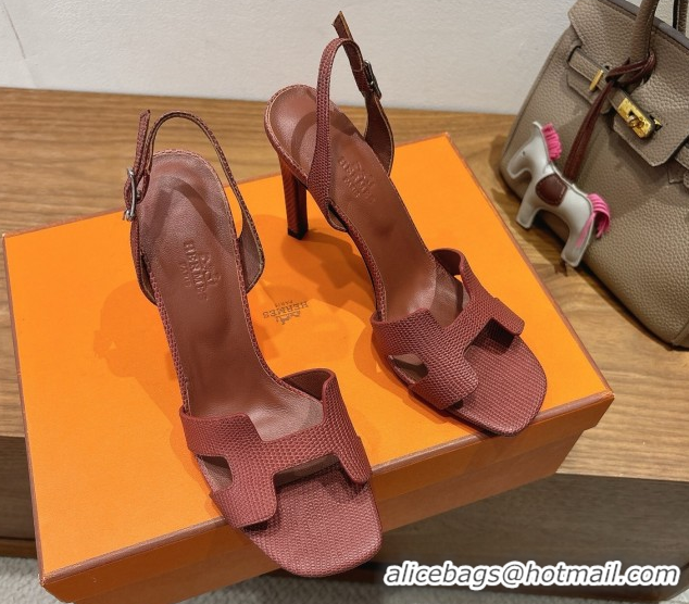 Low Cost Hermes Eremite Heel Sandals 10cm in Ostrich Embossed Leather Dark Brown H102308 51023143