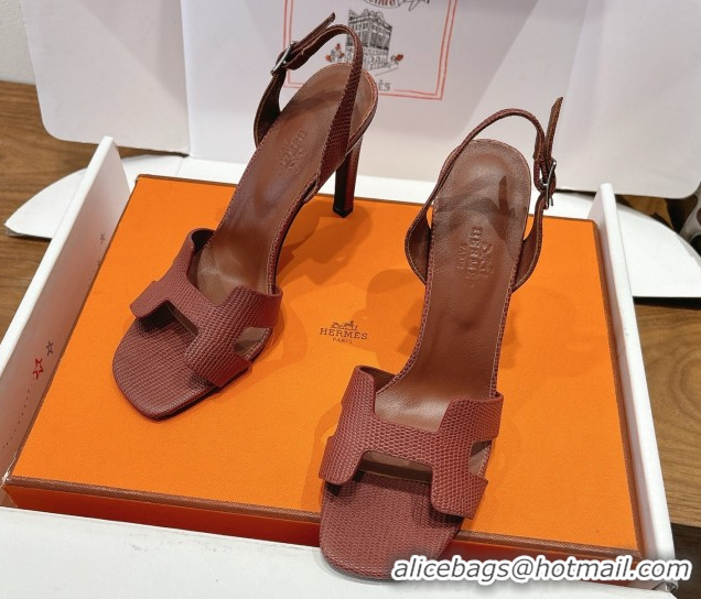 Low Cost Hermes Eremite Heel Sandals 10cm in Ostrich Embossed Leather Dark Brown H102308 51023143