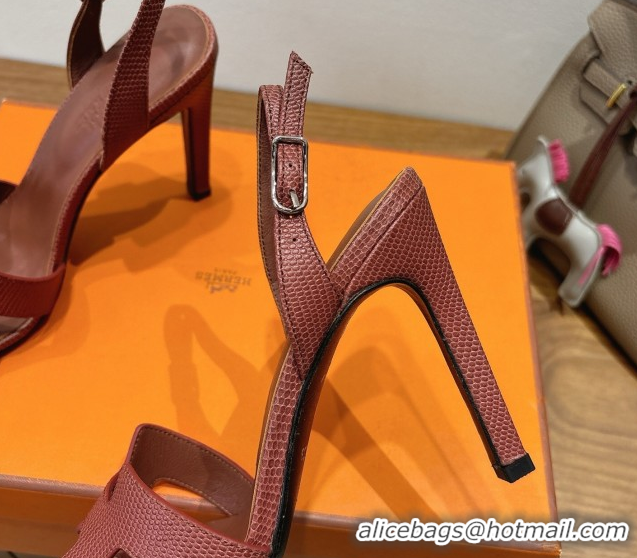 Low Cost Hermes Eremite Heel Sandals 10cm in Ostrich Embossed Leather Dark Brown H102308 51023143