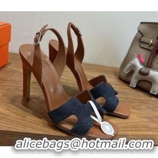 Most Popular Hermes Eremite Heel Sandals 10cm in Denim and Leather Dark Blue H02275 1023144