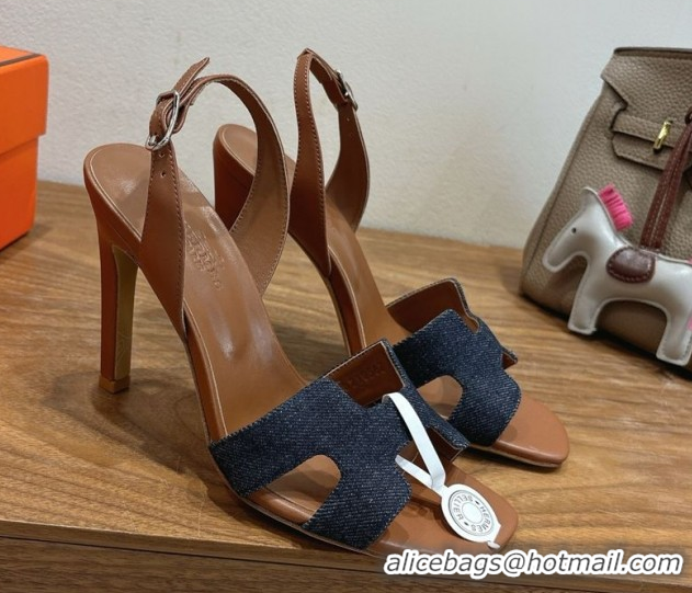 Most Popular Hermes Eremite Heel Sandals 10cm in Denim and Leather Dark Blue H02275 1023144