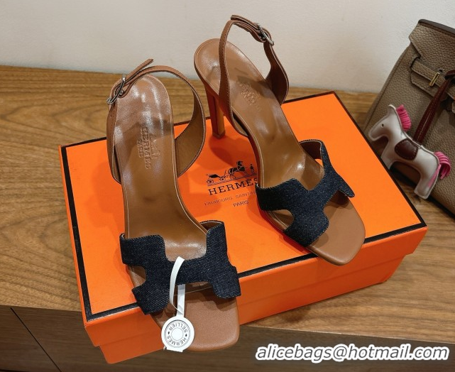 Most Popular Hermes Eremite Heel Sandals 10cm in Denim and Leather Dark Blue H02275 1023144