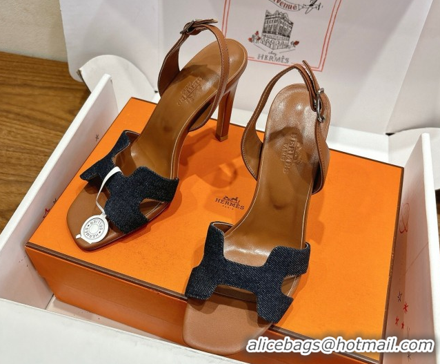 Most Popular Hermes Eremite Heel Sandals 10cm in Denim and Leather Dark Blue H02275 1023144