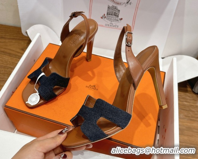 Most Popular Hermes Eremite Heel Sandals 10cm in Denim and Leather Dark Blue H02275 1023144