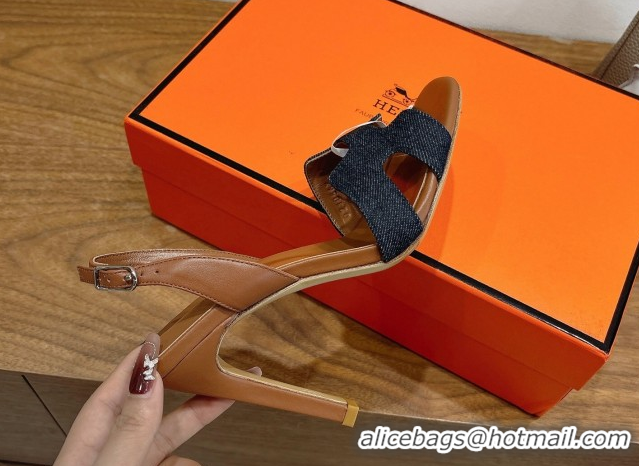 Most Popular Hermes Eremite Heel Sandals 10cm in Denim and Leather Dark Blue H02275 1023144