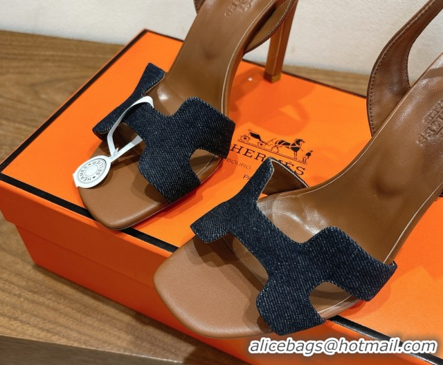 Most Popular Hermes Eremite Heel Sandals 10cm in Denim and Leather Dark Blue H02275 1023144