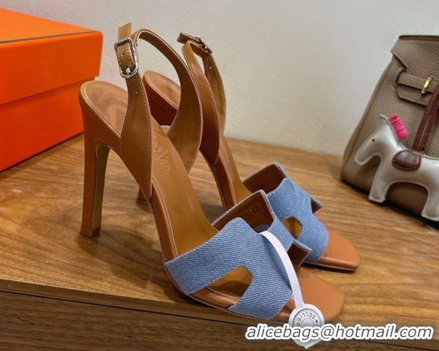 Pretty Style Hermes Eremite Heel Sandals 10cm in Denim and Leather Light Blue H02275 1023145