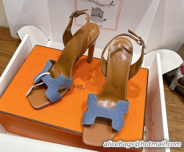 Pretty Style Hermes Eremite Heel Sandals 10cm in Denim and Leather Light Blue H02275 1023145