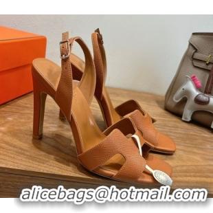 Good Product Hermes Eremite Heel Sandals 10cm in Grained Leather Golden Brown H02275 51023146