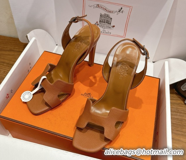 Good Product Hermes Eremite Heel Sandals 10cm in Grained Leather Golden Brown H02275 51023146
