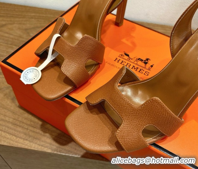 Good Product Hermes Eremite Heel Sandals 10cm in Grained Leather Golden Brown H02275 51023146